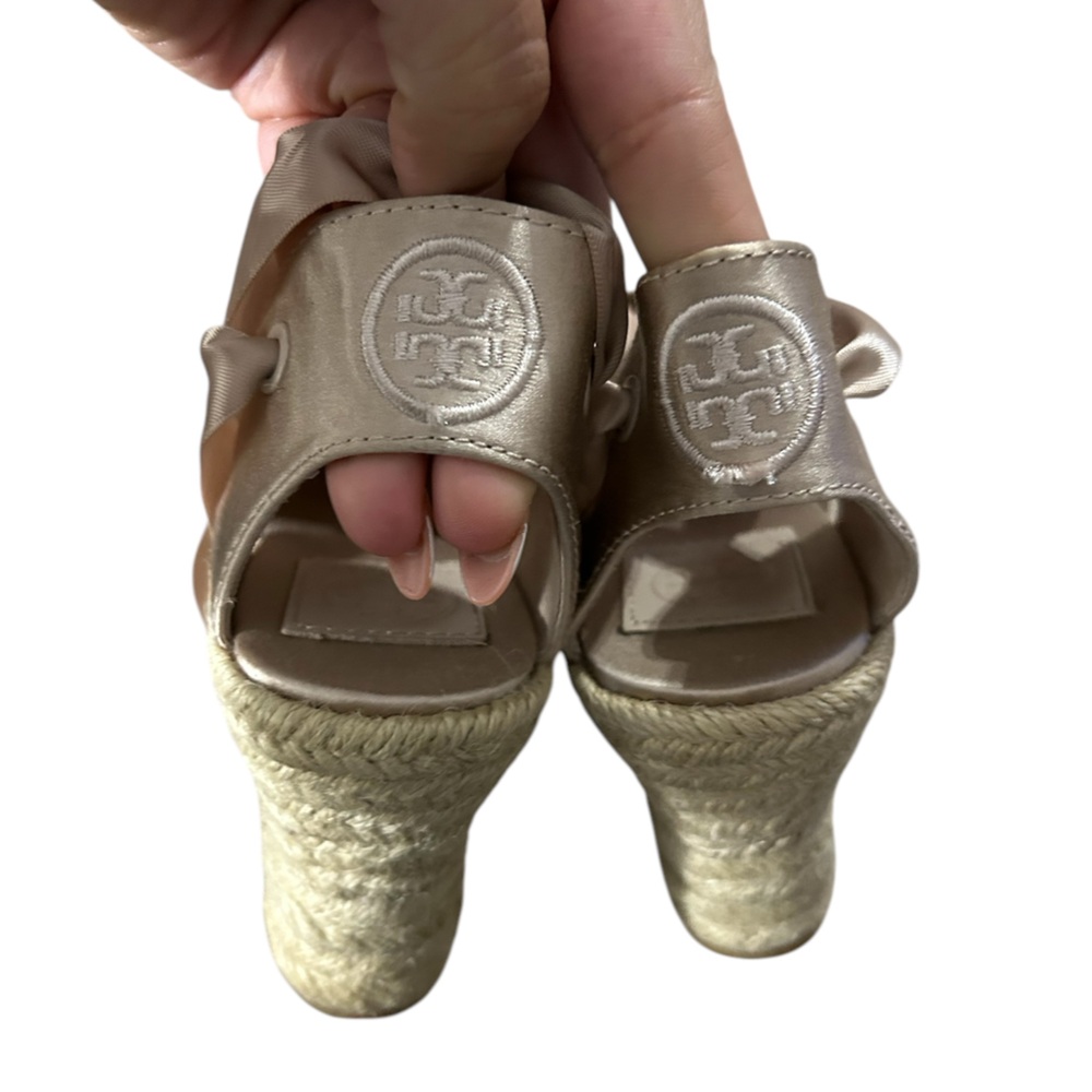Tory Burch Blush Pink Satin Espadrille Wedge Sandals - Picture 4 of 6